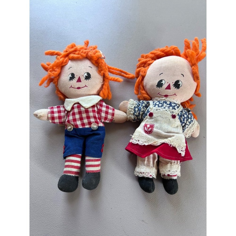 Vintage Knickerbocker Raggedy Ann and Andy Soft Dolls, Orange Hair, 6in